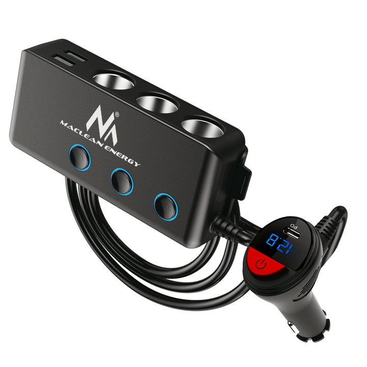 Autószivargyújtó aljzat elosztó, feszültségmérő, 3 szivargyújtó aljzat, 1xQuick Charge 3.0, 3xUSB 6,8A, 1x Power Delivery 18W, Maclean MCE218, Max 120W