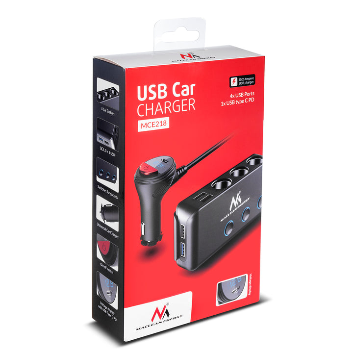 Autószivargyújtó aljzat elosztó, feszültségmérő, 3 szivargyújtó aljzat, 1xQuick Charge 3.0, 3xUSB 6,8A, 1x Power Delivery 18W, Maclean MCE218, Max 120W