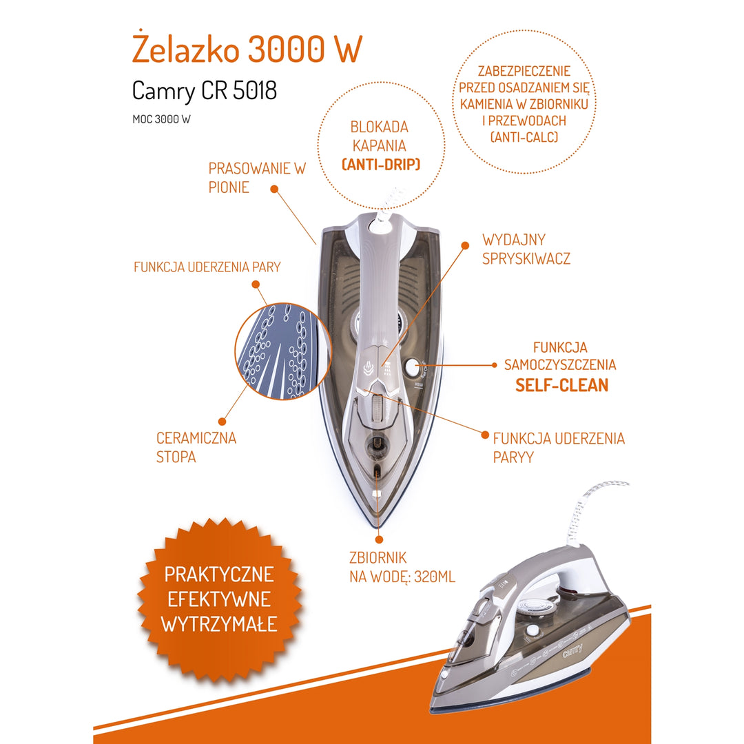 Camry CR 5018 gőzölős vasaló 3000W ANTICALC ANTIDRIP