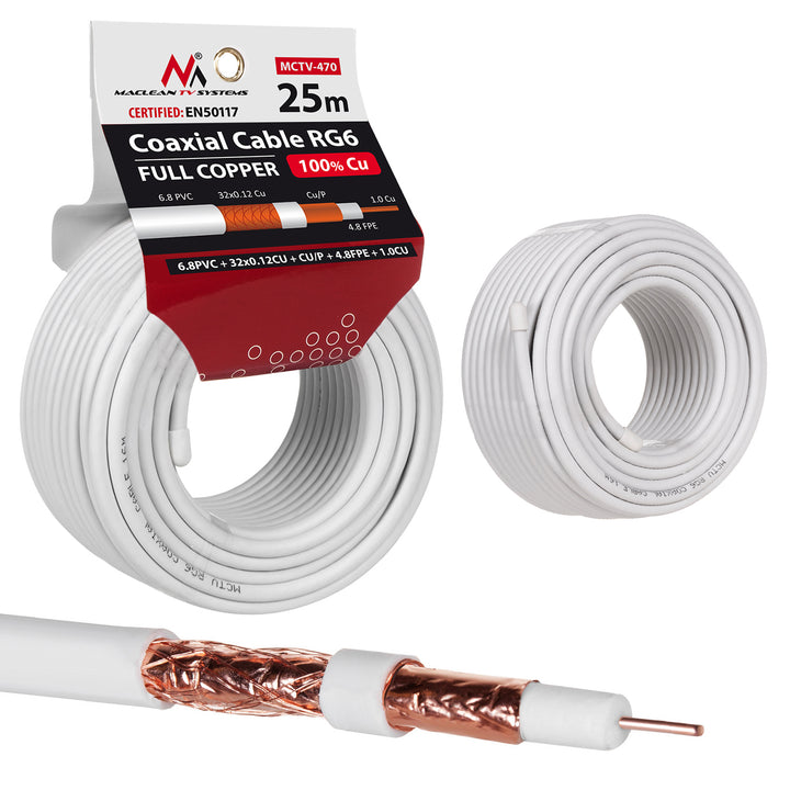 Műholdas koaxiális kábel RG6 25M Maclean MCTV-470 1.02CU+4.8FPE+CU/P+32*0.12CU+6.8PVC 1.02CU+4.8FPE+CU/P+32*0.12CU+6.8PVC