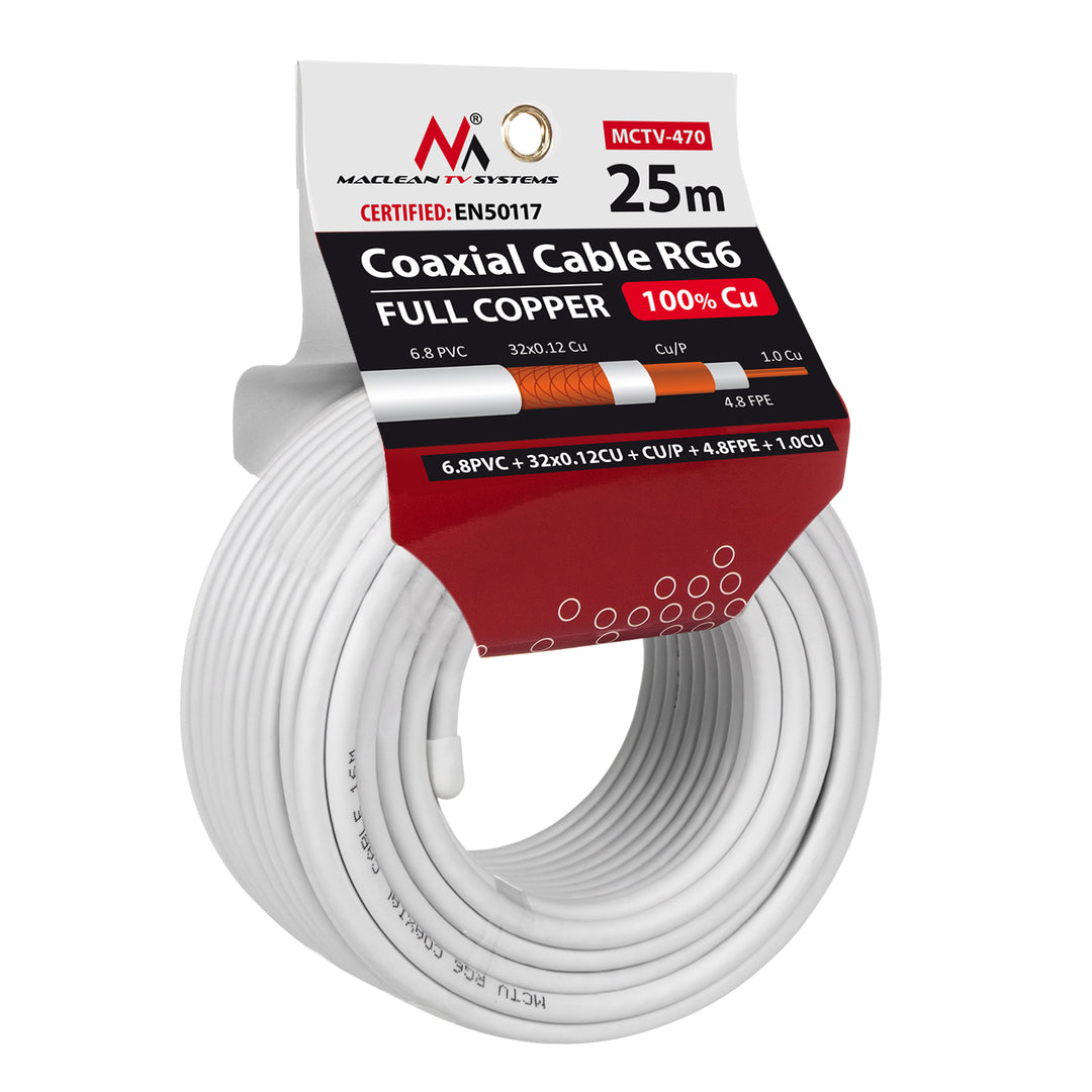 Műholdas koaxiális kábel RG6 25M Maclean MCTV-470 1.02CU+4.8FPE+CU/P+32*0.12CU+6.8PVC 1.02CU+4.8FPE+CU/P+32*0.12CU+6.8PVC
