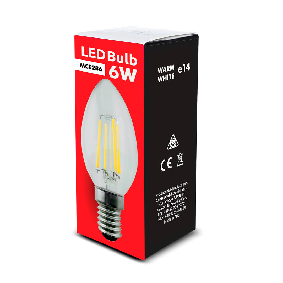 LED izzó E14, 6W 230V Maclean Energy MCE286 WW meleg fehér 3000K 806lm retro edison dekoratív gyertya C37