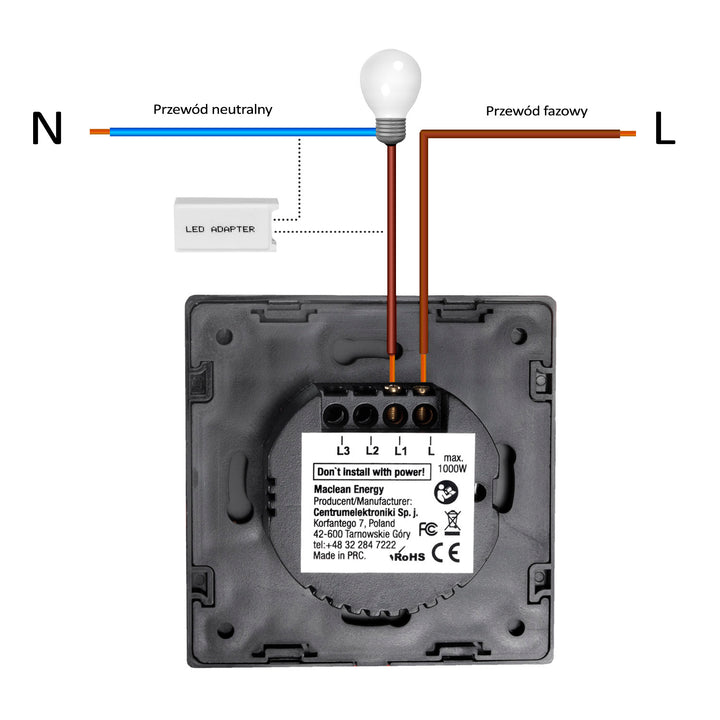 Érintéses fénykapcsoló, dupla üveg, fehér, kerek gombbal Maclean Energy MCE704W, méretek 86x86mm, gombos megvilágítással