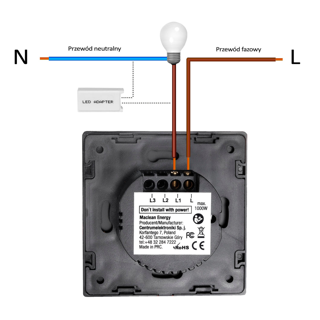 Érintéses fénykapcsoló, dupla üveg, fekete, kerek gombbal Maclean Energy MCE704B, méretek 86x86mm, gombos megvilágítással