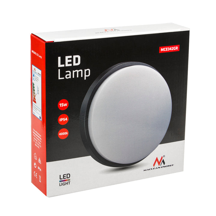 LED fali és mennyezeti lámpa MCE342 GR 1100lm 15W IP54 Maclean Energy szín szürke, szín természetes fehér (4000K)