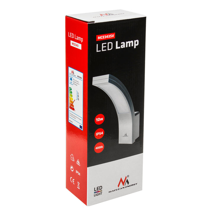 LED homlokzati lámpa MCE343 SV 800lm 10W IP54 Maclean Energy szín ezüst, szín natúr fehér (4000K)