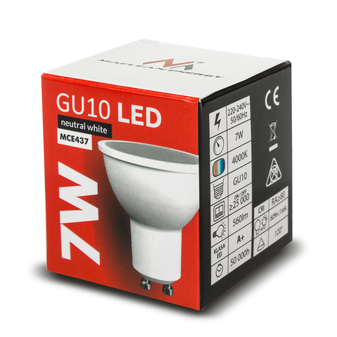 LED izzó GU10 7W Maclean Energy MCE437 NW semleges fehér 4000K, 220-240V~, 50/60Hz, 490 lumen, 490 luminens