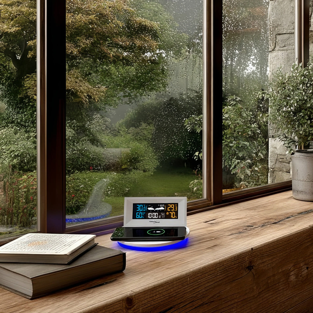 Vezeték nélküli időjárás-állomás vezeték nélküli/induktív töltővel GreenBlue, óra, ébresztő, naptár, kültéri érzékelő, GB213