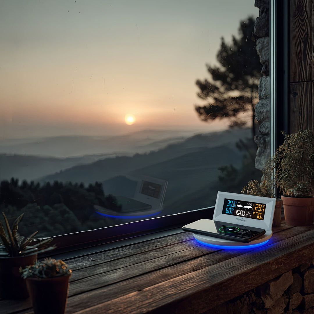 Vezeték nélküli időjárás-állomás vezeték nélküli/induktív töltővel GreenBlue, óra, ébresztő, naptár, kültéri érzékelő, GB213