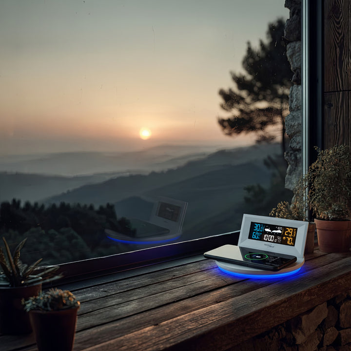 Vezeték nélküli időjárás-állomás vezeték nélküli/induktív töltővel GreenBlue, óra, ébresztő, naptár, kültéri érzékelő, GB213