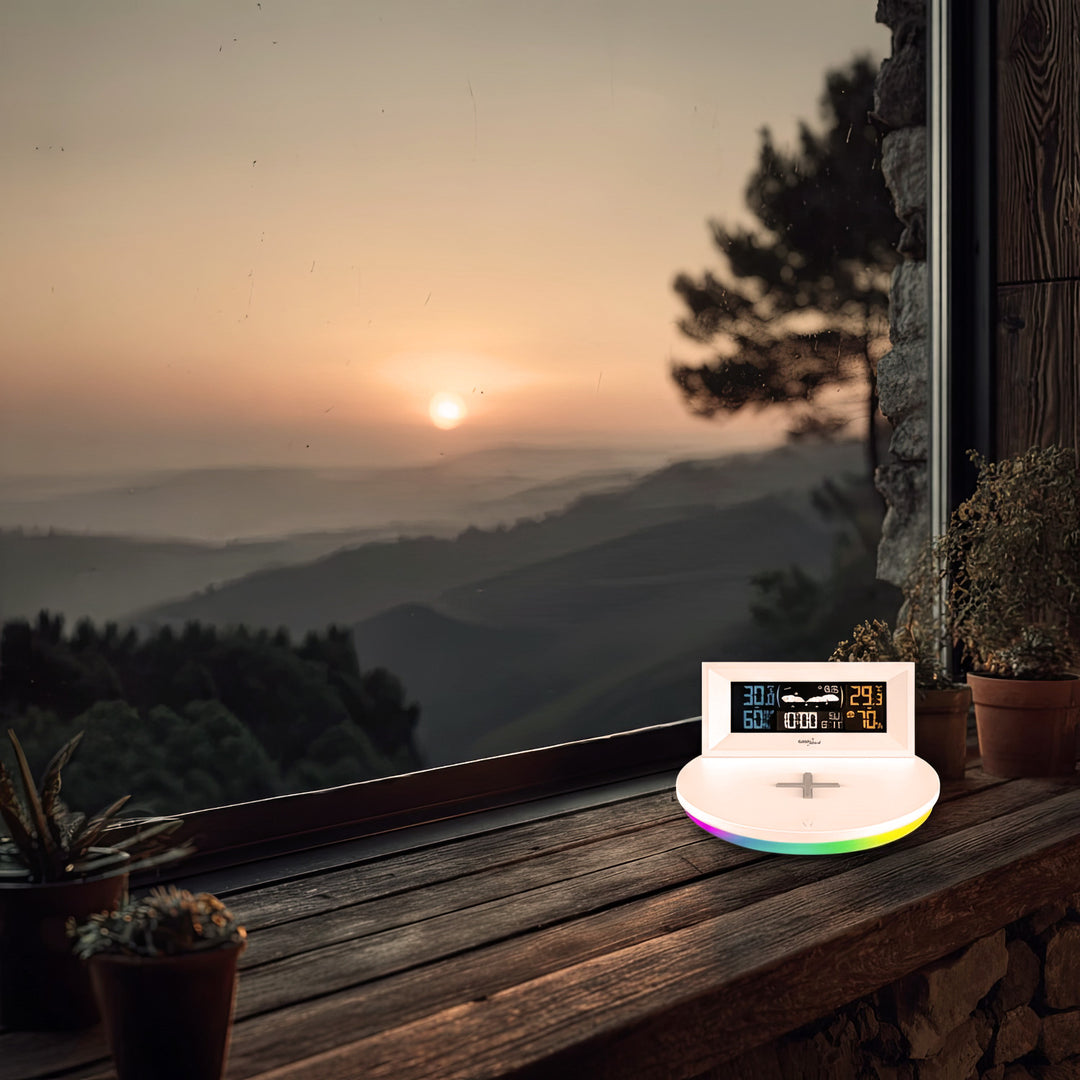 Vezeték nélküli időjárás-állomás vezeték nélküli/induktív töltővel GreenBlue, óra, ébresztő, naptár, kültéri érzékelő, GB213