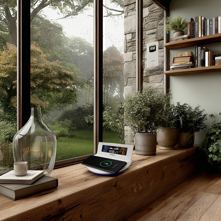 Vezeték nélküli időjárás-állomás vezeték nélküli/induktív töltővel GreenBlue, óra, ébresztő, naptár, kültéri érzékelő, GB213