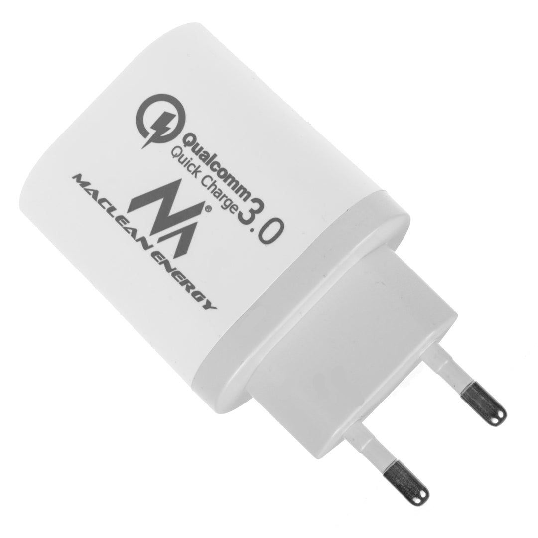 1xQC 3.0 hálózati töltő Maclean Energy MCE479 W - fehér Qualcomm Quick Charge QC 3.0 - 3.6-6VV/3A, 6-9V/2A, 9-12V/1.5A és 2 5V/2.1A aljzat