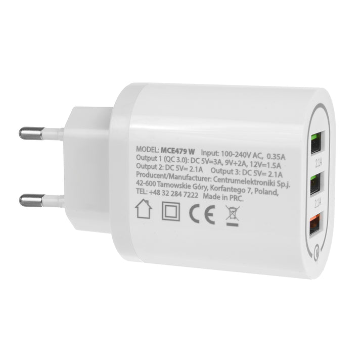 1xQC 3.0 hálózati töltő Maclean Energy MCE479 W - fehér Qualcomm Quick Charge QC 3.0 - 3.6-6VV/3A, 6-9V/2A, 9-12V/1.5A és 2 5V/2.1A aljzat