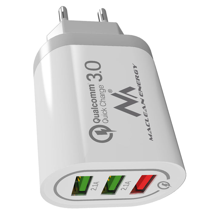 1xQC 3.0 hálózati töltő Maclean Energy MCE479 W - fehér Qualcomm Quick Charge QC 3.0 - 3.6-6VV/3A, 6-9V/2A, 9-12V/1.5A és 2 5V/2.1A aljzat
