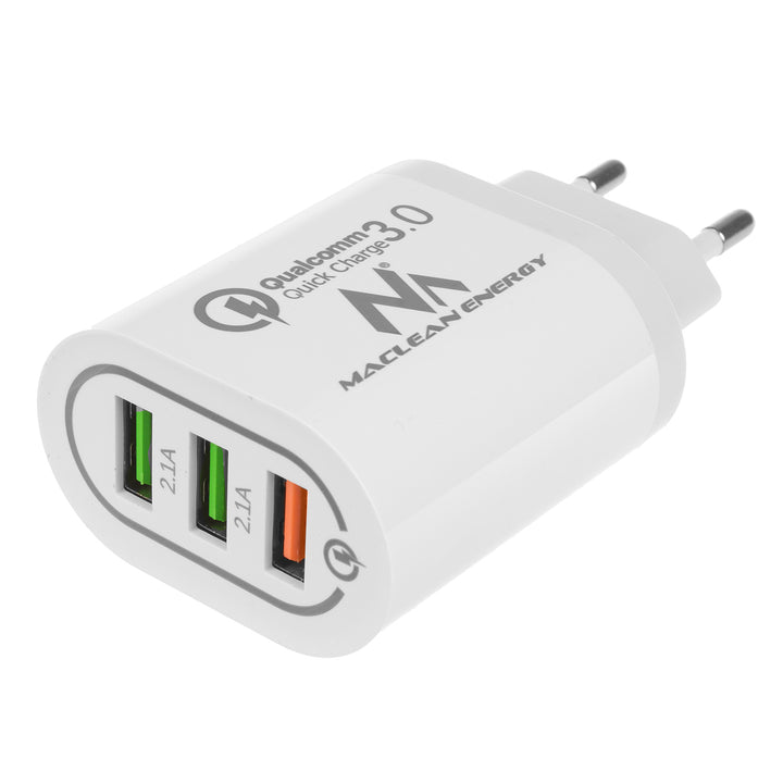 1xQC 3.0 hálózati töltő Maclean Energy MCE479 W - fehér Qualcomm Quick Charge QC 3.0 - 3.6-6VV/3A, 6-9V/2A, 9-12V/1.5A és 2 5V/2.1A aljzat