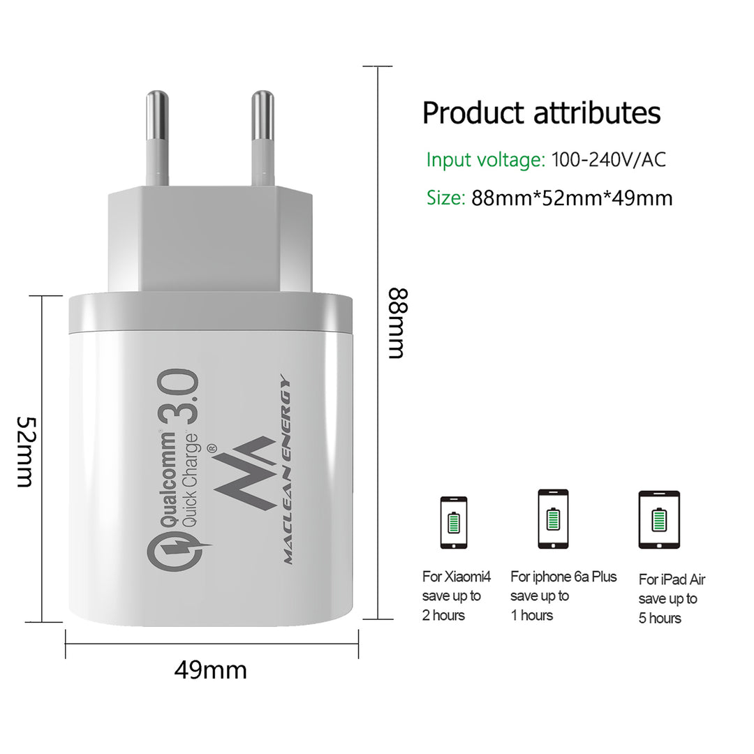 1xQC 3.0 hálózati töltő Maclean Energy MCE479 W - fehér Qualcomm Quick Charge QC 3.0 - 3.6-6VV/3A, 6-9V/2A, 9-12V/1.5A és 2 5V/2.1A aljzat