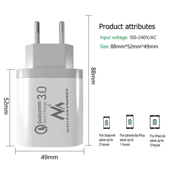 1xQC 3.0 hálózati töltő Maclean Energy MCE479 W - fehér Qualcomm Quick Charge QC 3.0 - 3.6-6VV/3A, 6-9V/2A, 9-12V/1.5A és 2 5V/2.1A aljzat