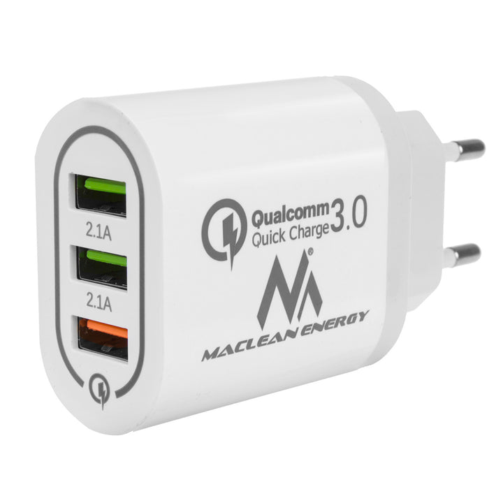 1xQC 3.0 hálózati töltő Maclean Energy MCE479 W - fehér Qualcomm Quick Charge QC 3.0 - 3.6-6VV/3A, 6-9V/2A, 9-12V/1.5A és 2 5V/2.1A aljzat