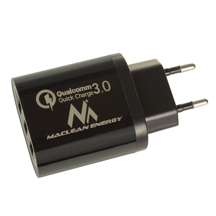 1xQC 3.0 hálózati töltő Maclean Energy MCE479 B - fekete Qualcomm Quick Charge QC 3.0 - 3.6-6VV/3A, 6-9V/2A, 9-12V/1.5A és 2 5V/2.1A aljzat