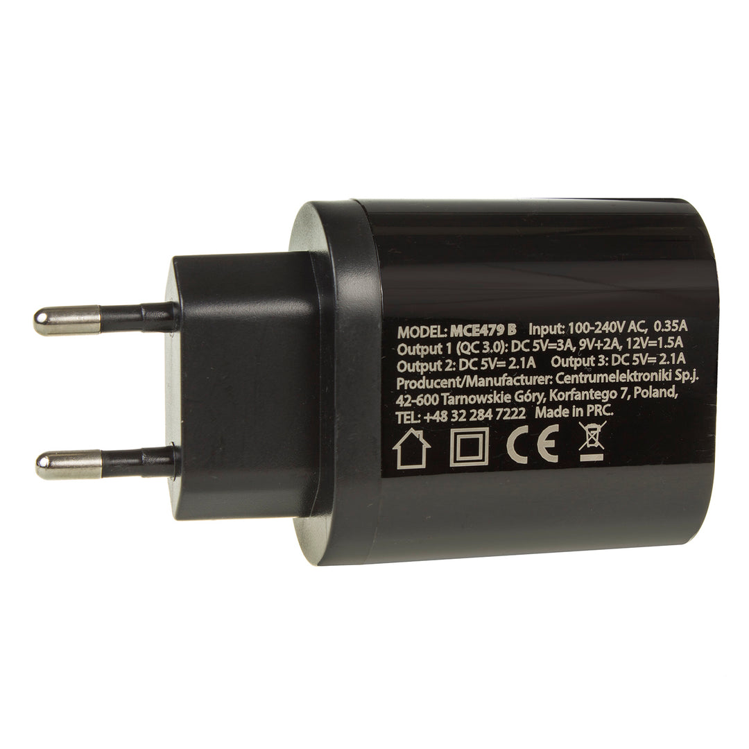 1xQC 3.0 hálózati töltő Maclean Energy MCE479 B - fekete Qualcomm Quick Charge QC 3.0 - 3.6-6VV/3A, 6-9V/2A, 9-12V/1.5A és 2 5V/2.1A aljzat