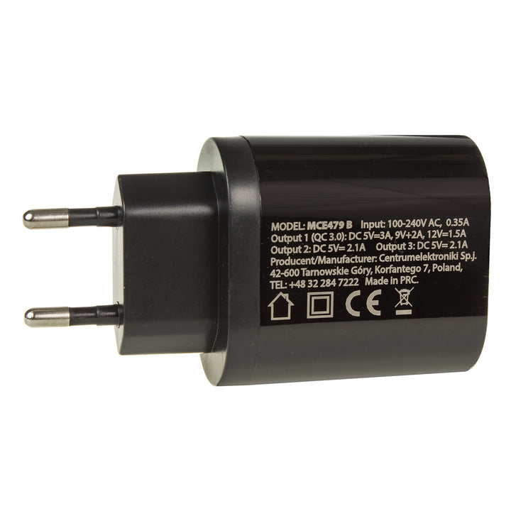 1xQC 3.0 hálózati töltő Maclean Energy MCE479 B - fekete Qualcomm Quick Charge QC 3.0 - 3.6-6VV/3A, 6-9V/2A, 9-12V/1.5A és 2 5V/2.1A aljzat