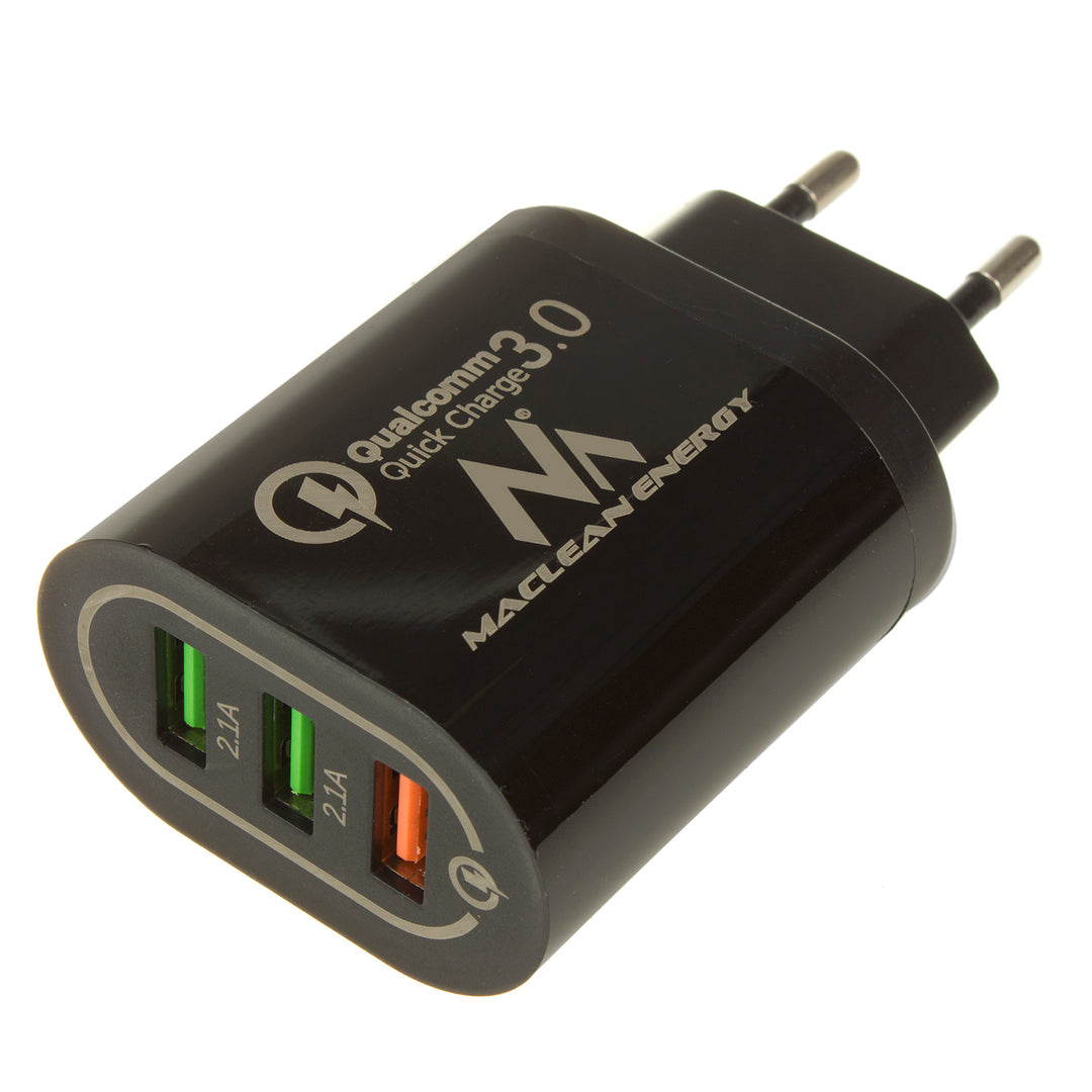 1xQC 3.0 hálózati töltő Maclean Energy MCE479 B - fekete Qualcomm Quick Charge QC 3.0 - 3.6-6VV/3A, 6-9V/2A, 9-12V/1.5A és 2 5V/2.1A aljzat