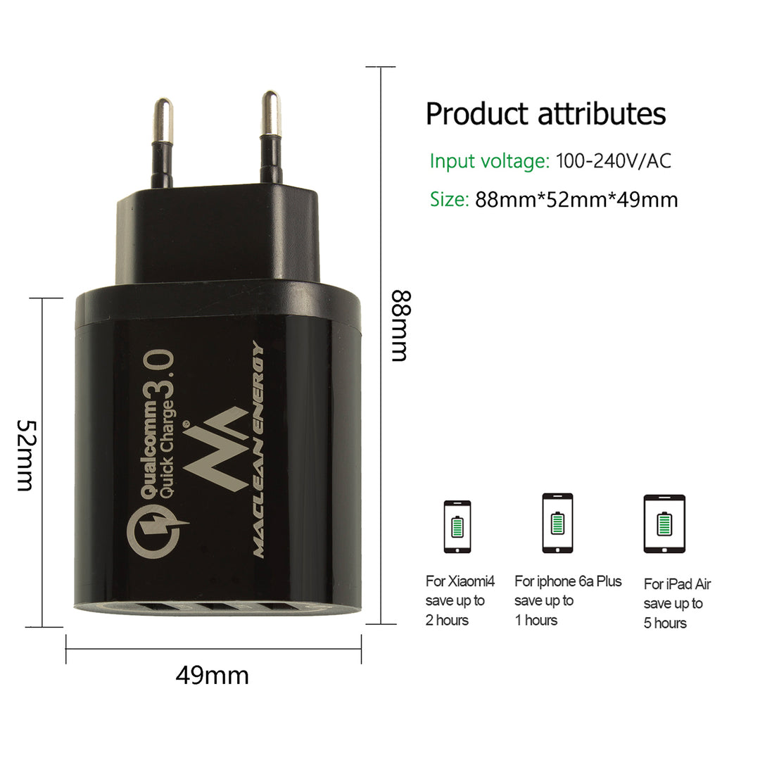 1xQC 3.0 hálózati töltő Maclean Energy MCE479 B - fekete Qualcomm Quick Charge QC 3.0 - 3.6-6VV/3A, 6-9V/2A, 9-12V/1.5A és 2 5V/2.1A aljzat