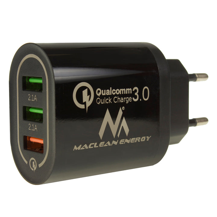 1xQC 3.0 hálózati töltő Maclean Energy MCE479 B - fekete Qualcomm Quick Charge QC 3.0 - 3.6-6VV/3A, 6-9V/2A, 9-12V/1.5A és 2 5V/2.1A aljzat