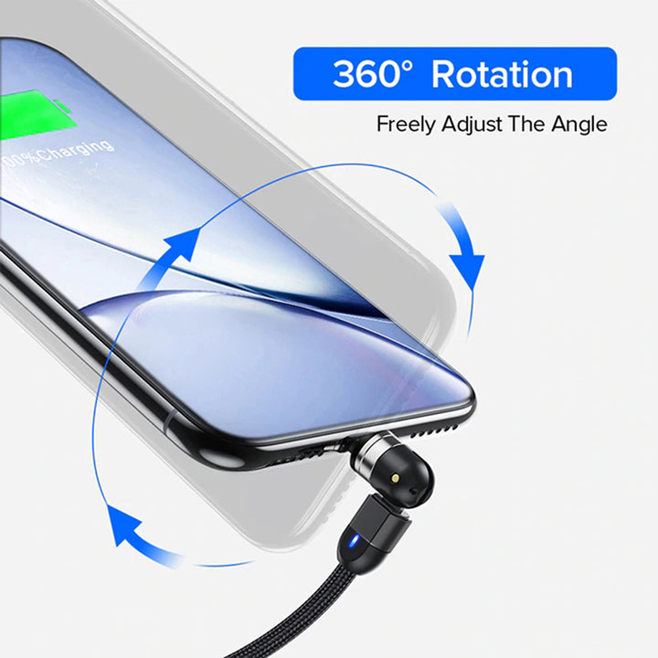 Mágneses USB C 3in1 - 1m-es szögkábel Maclean Energy MCE474 fekete színben, támogatja a 9V/2A, 5V/3A gyorstöltést, nejlon fonott,