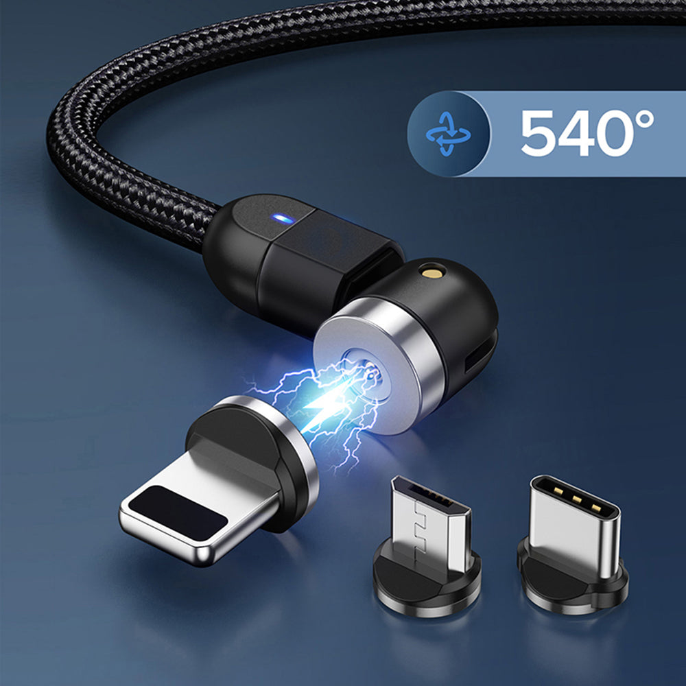 Mágneses USB C 3in1 - 2m-es szögletes kábel Maclean Energy MCE475 fekete színben, támogatja a 9V/2A, 5V/3A gyorstöltést, nejlon fonott,
