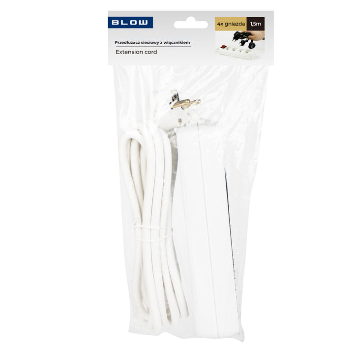 Hosszabbító kábel 4 földelt aljzattal, kapcsolóval 1,5m fehér PR-470wsp 3x1,5mm Blow