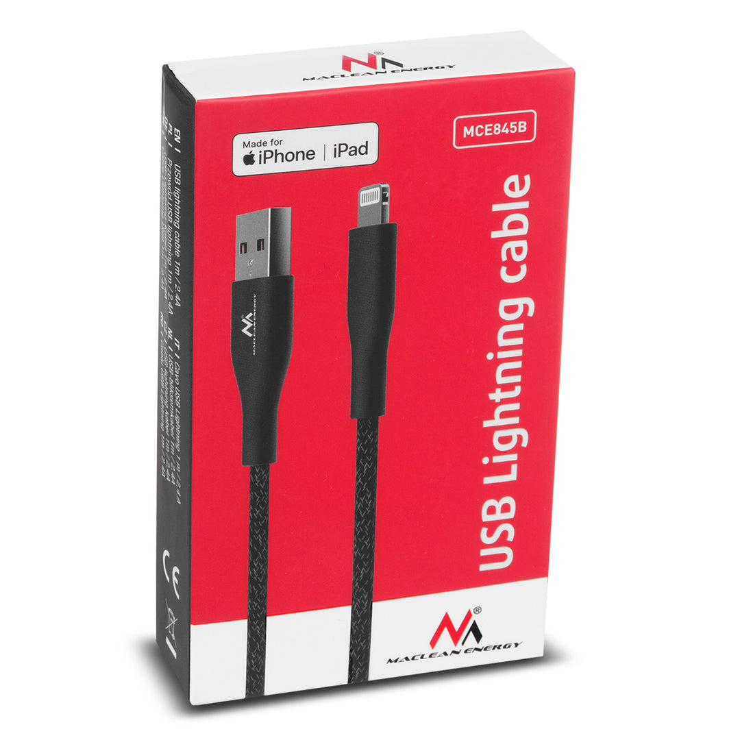 MFi világító kábel (Made for iPhone / iPod / iPad) támogatja a Fast Charge 2.4A Maclean Energy MCE845B fekete hosszúság 1m 5V/2.4A - adatátvitel