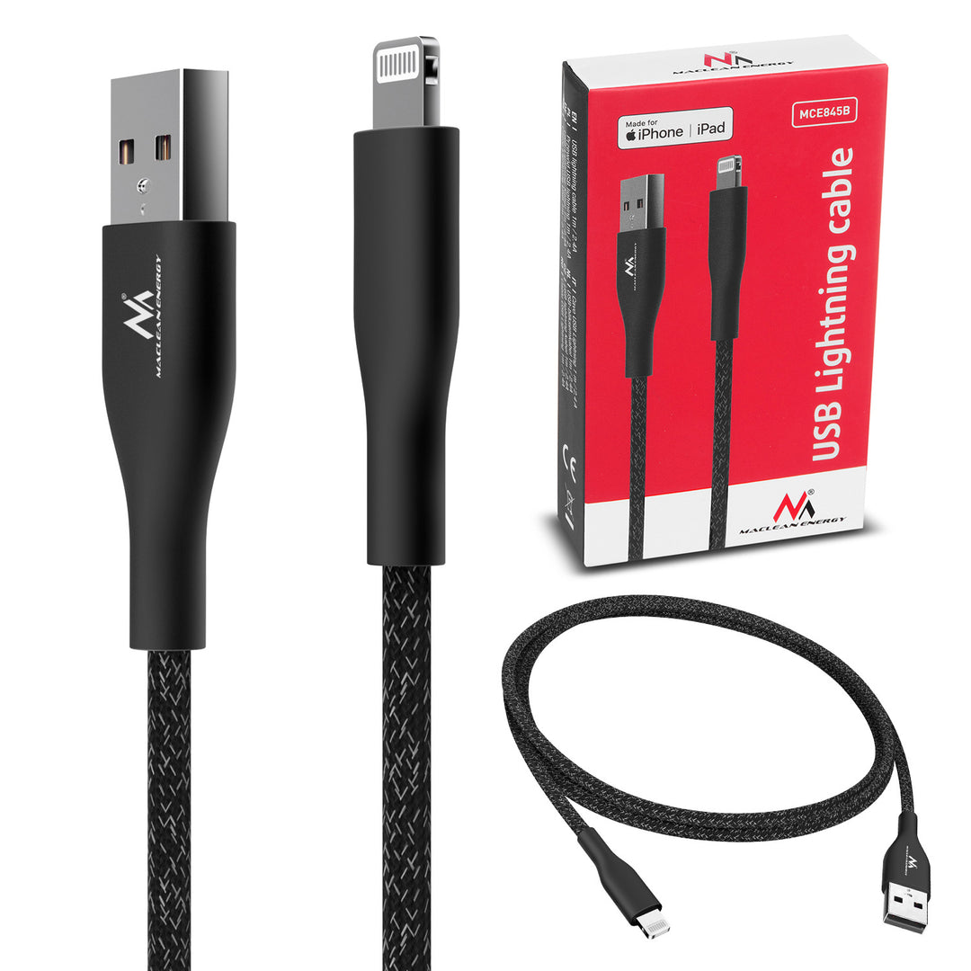 MFi világító kábel (Made for iPhone / iPod / iPad) támogatja a Fast Charge 2.4A Maclean Energy MCE845B fekete hosszúság 1m 5V/2.4A - adatátvitel