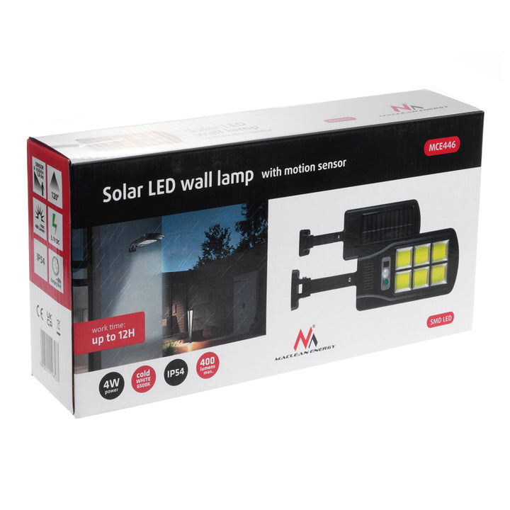 Napelemes LED utcai lámpa mozgásérzékelővel és távirányítóval Maclean IP54, 4W, 400lm, 6500K, Li-ion 1200 mAh, 3 üzemmód MCE446