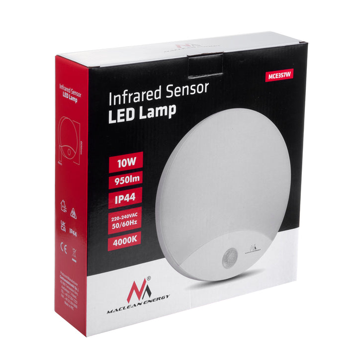 Maclean mozgásérzékelő LED lámpa, infravörös, fehér, 10W, IP44, természetes fehér (4000K), 900lm, MCE357 W