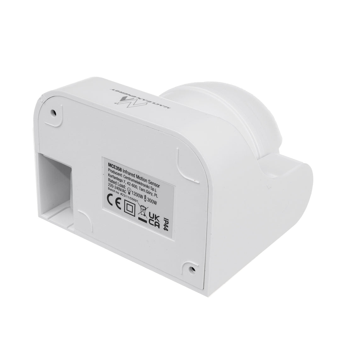 Maclean PIR mozgásérzékelő, infravörös, IP44, fehér, hatótávolság 12m, max. terhelés 800/1200W, MCE358 W