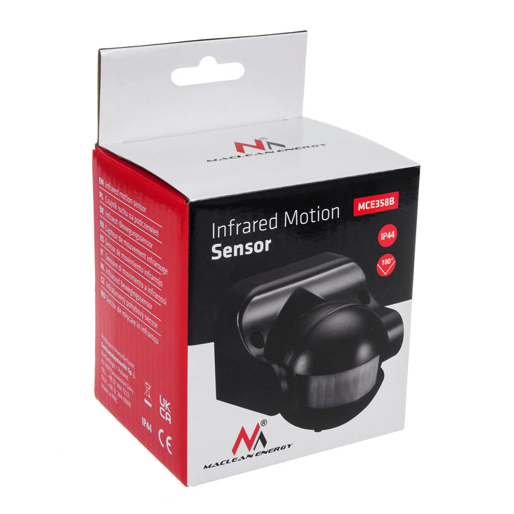Maclean PIR mozgásérzékelő, infravörös, IP44, fekete, hatótávolság 12m, max. terhelés 800/1200W, MCE358 B