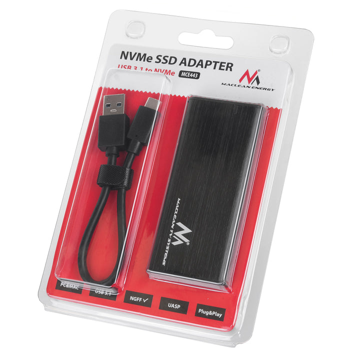 Maclean meghajtóház, SSD M.2, NVMe (PCIe), NGFF (SATA), USB 3.1, 2230/2240/2260/2280 méret, alumínium ház, MCE443