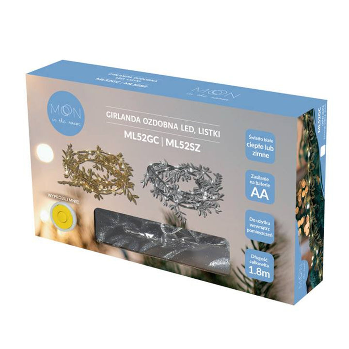 LED dekoratív füzér ML52SZ 1,8m ezüst levelek hideg fehér fényellátás 3x AA