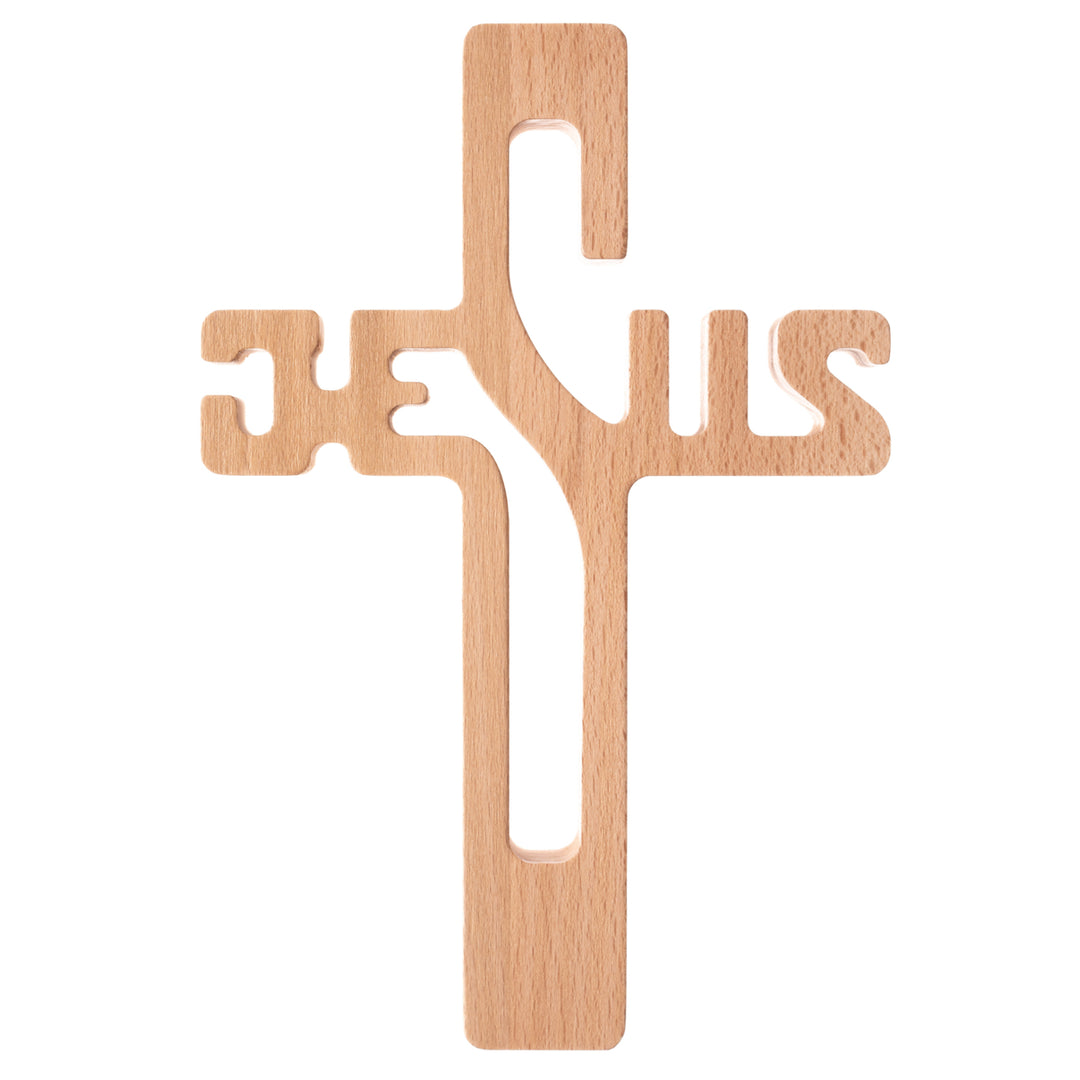 Fából készült függő kereszt JÉZUS felirattal természetes 30x20x1.8cm