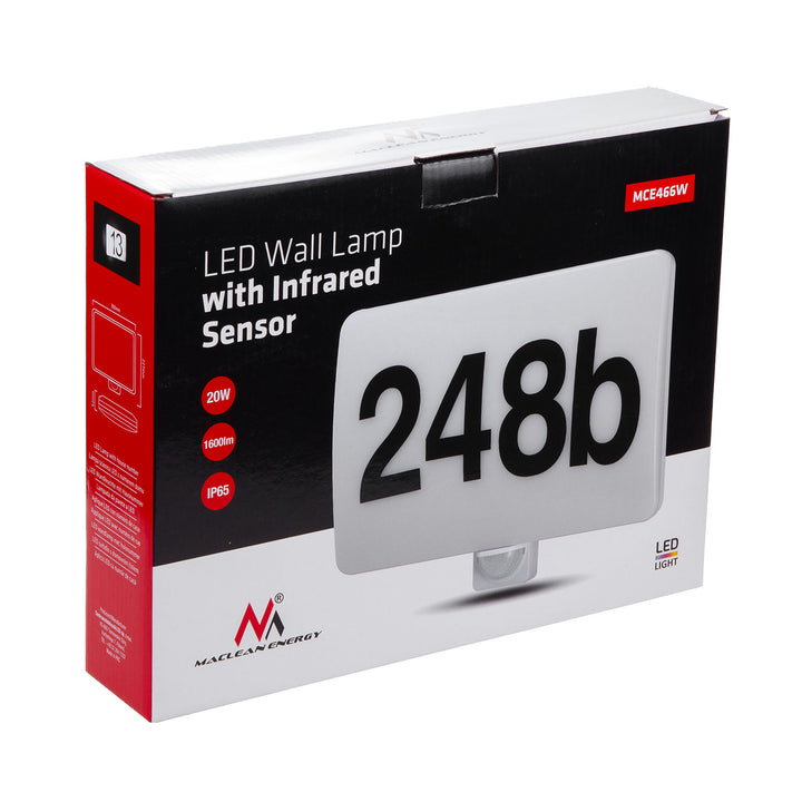 Maclean LED lámpa, házszám, szürkület- és mozgásérzékelő, dimmelhető, 20W, IP65, semleges szín (4000K), 1600lm, MCE466 W