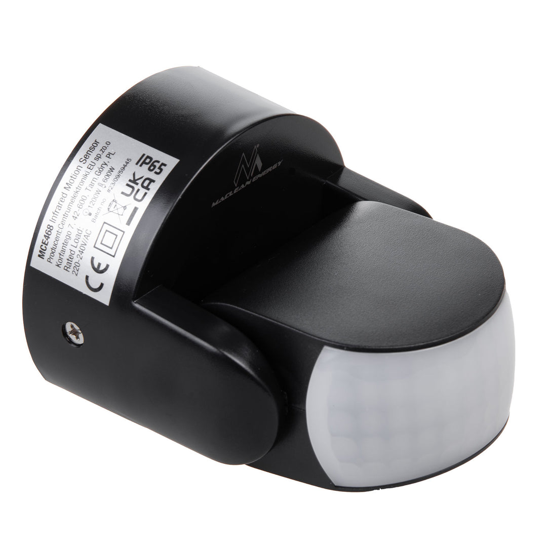 Maclean PIR mozgásérzékelő, infravörös, IP65, fekete, hatótávolság 12m, max. terhelés 600/1200W, MCE468 B