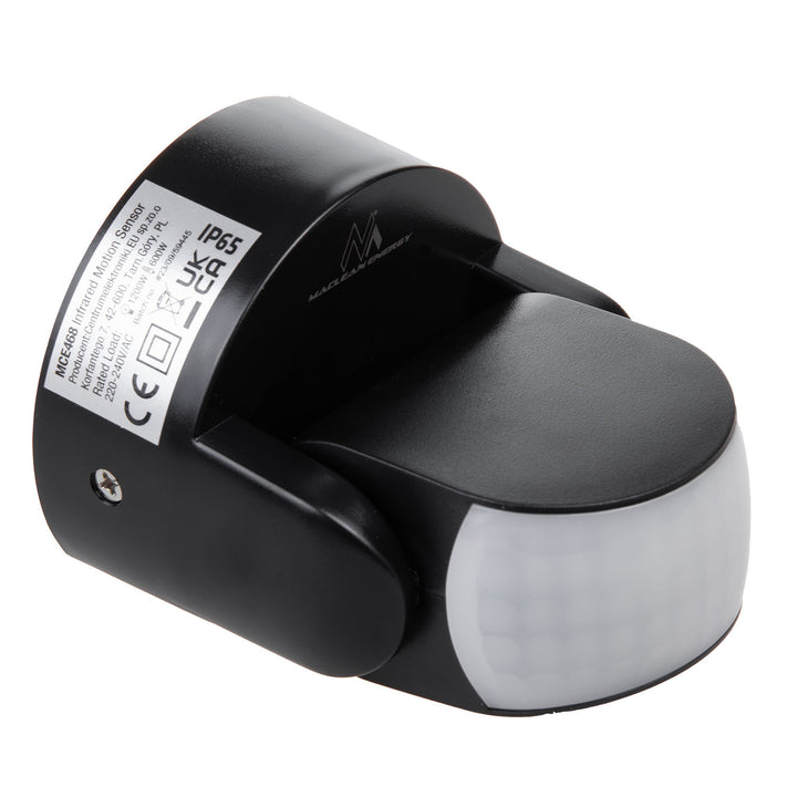 Maclean PIR mozgásérzékelő, infravörös, IP65, fekete, hatótávolság 12m, max. terhelés 600/1200W, MCE468 B