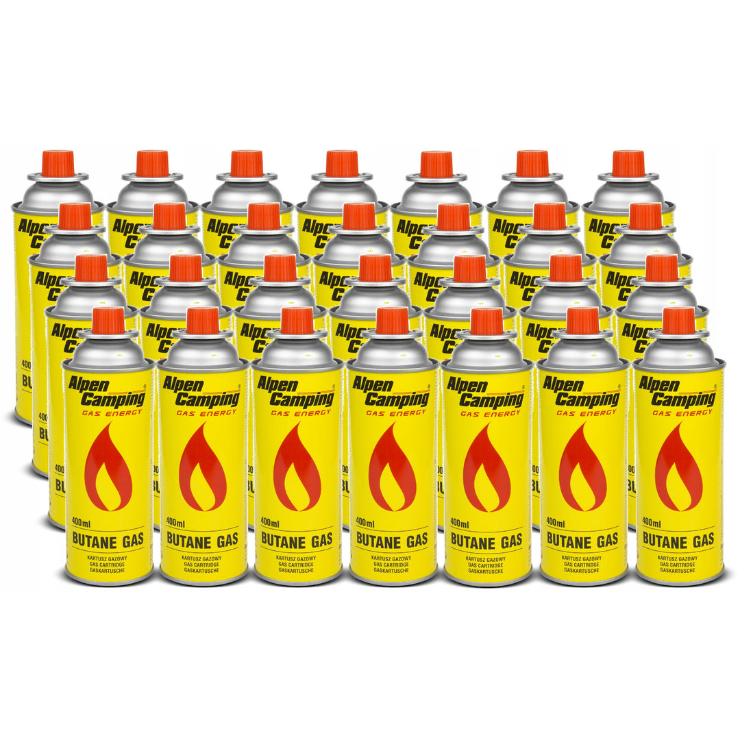 28x Alpen Camping 400ml gázpatron. Tanúsítvány: Megfelel az EN417 szabványnak, izobután, működési tartomány -10°c és + 40°c között, IK004.