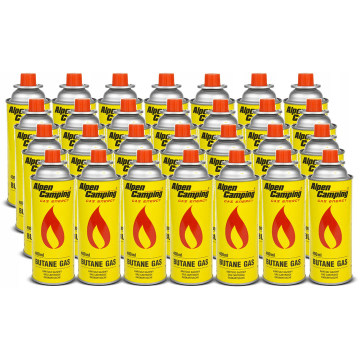 28x Alpen Camping 400ml gázpatron. Tanúsítvány: Megfelel az EN417 szabványnak, izobután, működési tartomány -10°c és + 40°c között, IK004.