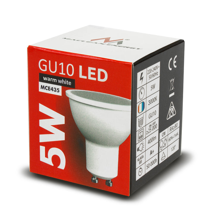 6x Maclean LED izzó, GU10, 5W, 220-240V~, 50/60Hz, Meleg fehér, 3000K, 400 lumen, MCE435 WW