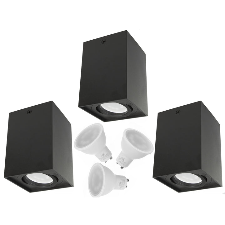 3x Maclean cső / felszíni lámpatest, spot, szögletes, alumínium, GU10, 80x80x115mm, fekete, MCE426 B + 3x LED izzó 5W