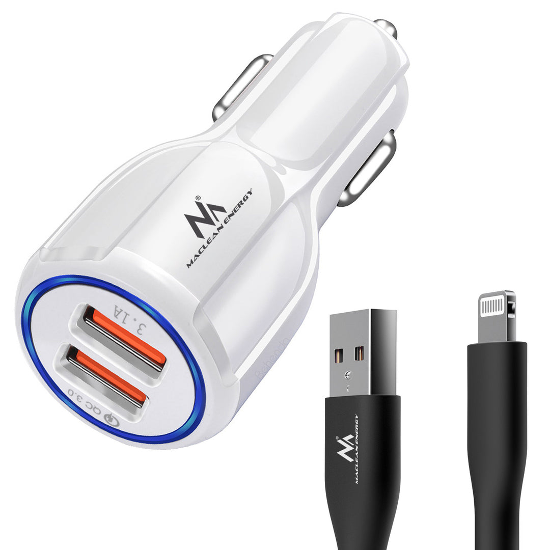 Maclean autós töltő, Qualcomm Quick Charge, QC 3.0 - 5V/3A, 9V/1.8A, 12V/1.6A, 5V/3.1A aljzat USB Lightning kábellel
