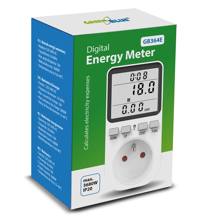 GreenBlue energiamérő, wattmérő, E típus, 220-240V AC, 50Hz, max. terhelés 16A, IP20, beépített akkumulátor, GB364 E
